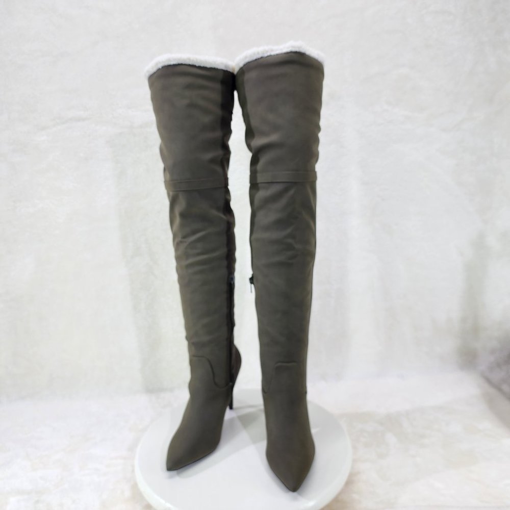 Olive Green Fluffy Fleece Lined Fold Under / Over the Knee Pointy Toe Boots - Picture 6 of 13